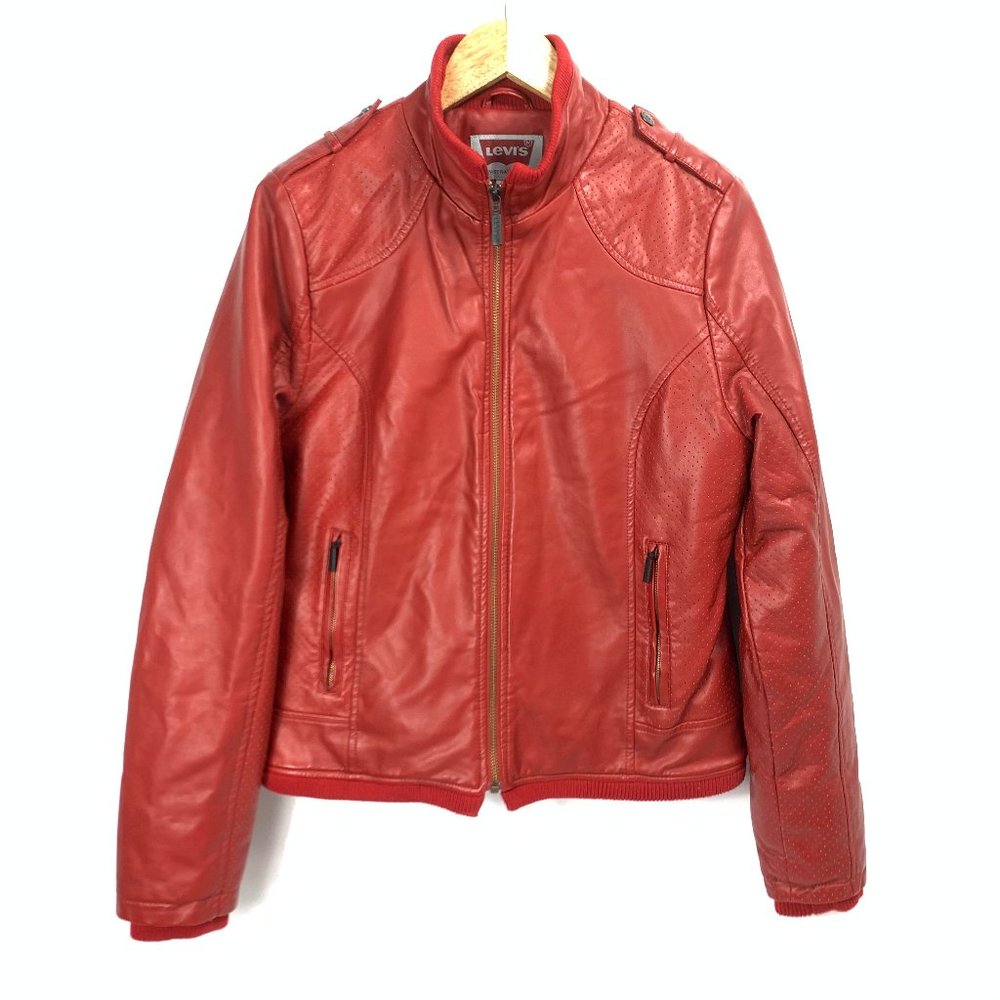 Levis Faux Red Leather Fleece Lined Truckers Jacket Medium